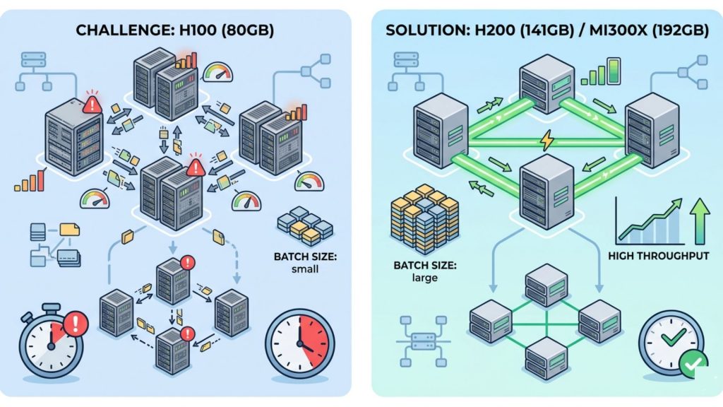 Comparing multi-GPU H100 setups with limited batch sizes versus higher-memory GPUs like H200 that enable simpler scaling and better throughput