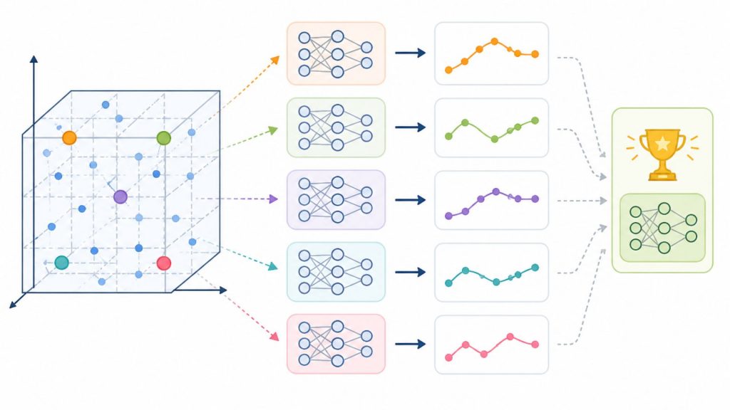 Random search tests hyperparameter combinations randomly to quickly find good model settings 