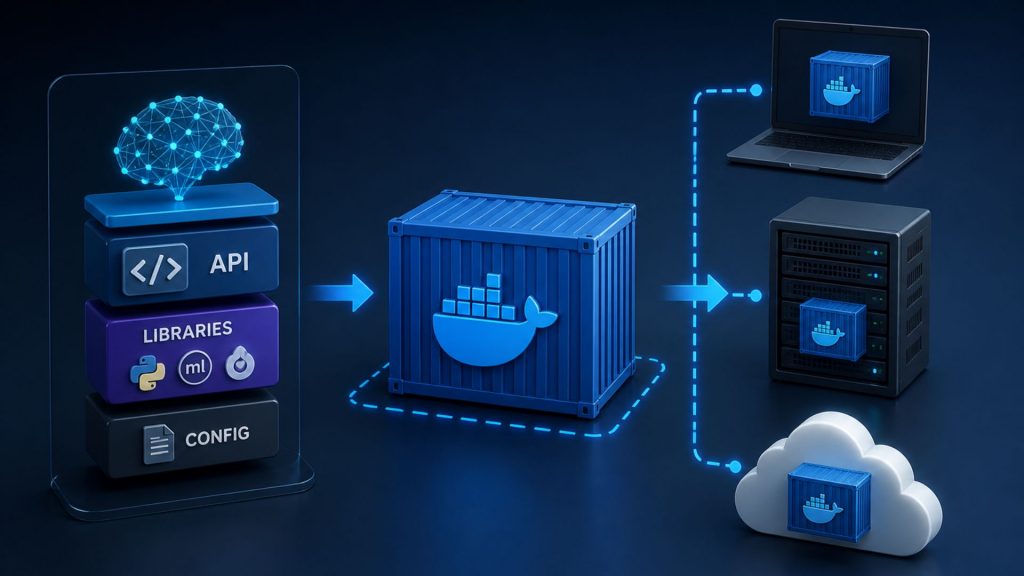 Docker containerization ensures consistent AI model deployment across local, server, and cloud environments 