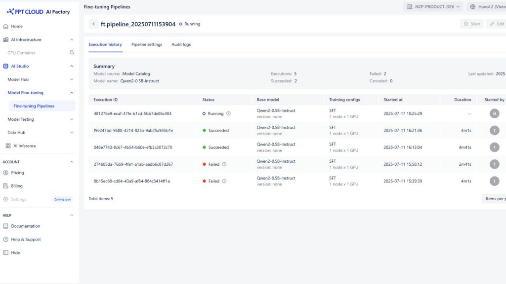 Model fine-tuning capabilities provided by FPT AI Factory