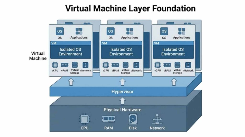 Hypervisor architecture abstracting physical hardware into isolated virtual machine environments. 