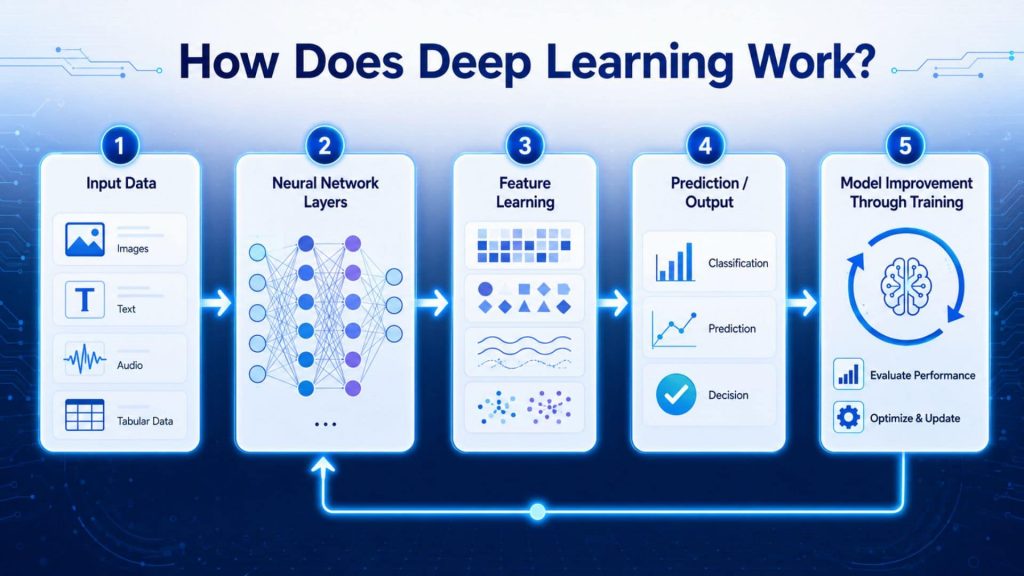 deep learning process from input data to model improvement