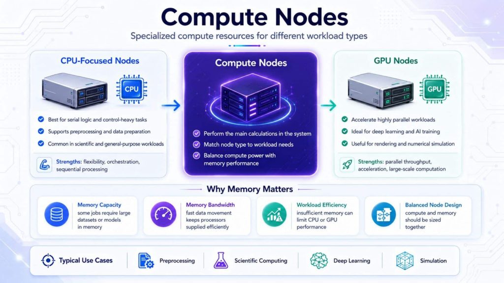 Compute nodes match CPU and GPU resources to different workload types, while sufficient memory capacity help maintain efficient processing performance