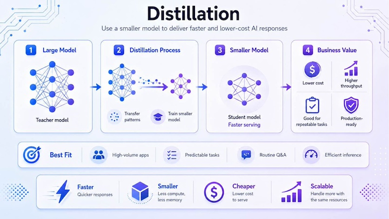 Distillation trains a smaller student model