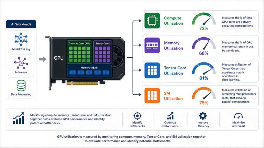 Multiple utilization metrics provide a comprehensive view of GPU performance for AI training and inference