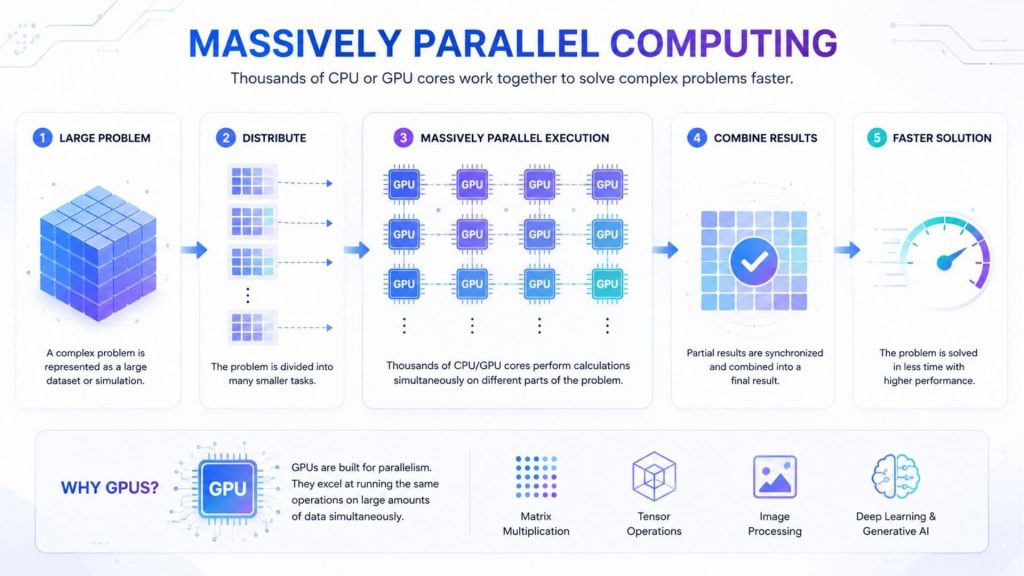 Massively parallel computing uses many CPU or GPU cores at once to solve complex workloads faster
