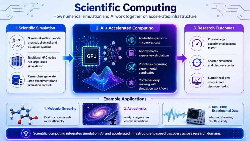 Scientific computing combines numerical simulations, AI models and accelerated GPU infrastructure to analyze complex datasets and support faster research discovery