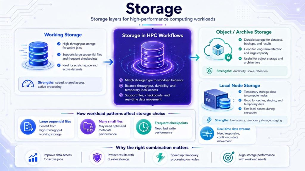 HPC storage combines high-throughput working storage, durable object or archive storage  to support different workload and data-access requirements