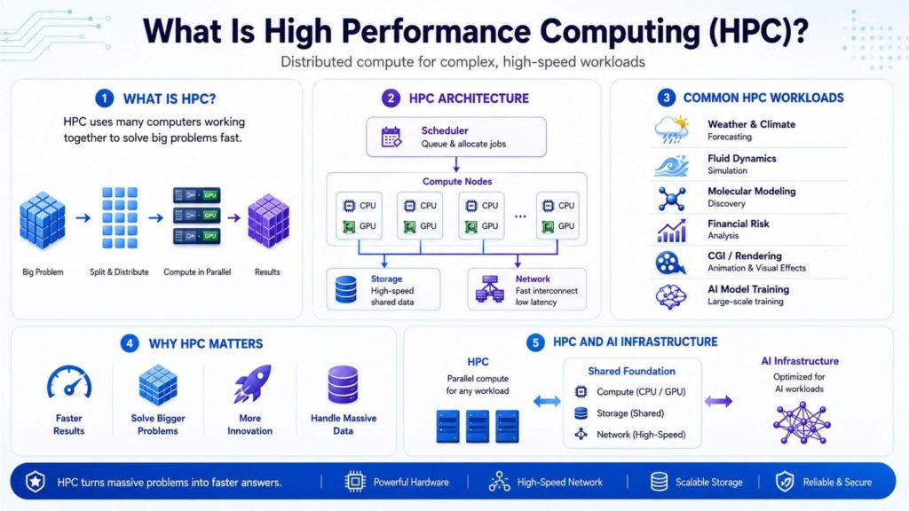HPC combines powerful compute, storage, and networking to process large, complex workloads at high speed