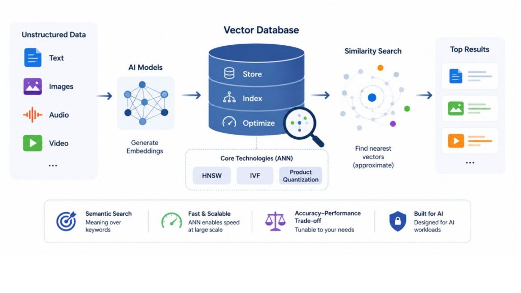 Vector databases enable similarity search by retrieving data based on meaning instead of keywords
