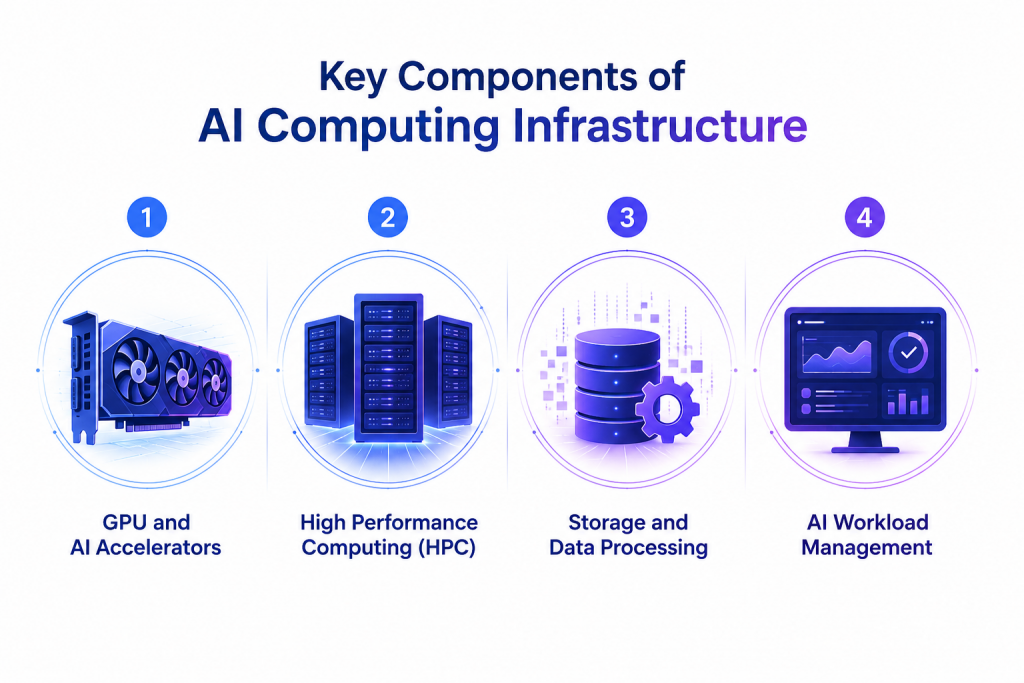 AI computing infrastructure architecture showing GPUs, HPC, storage, and workload management