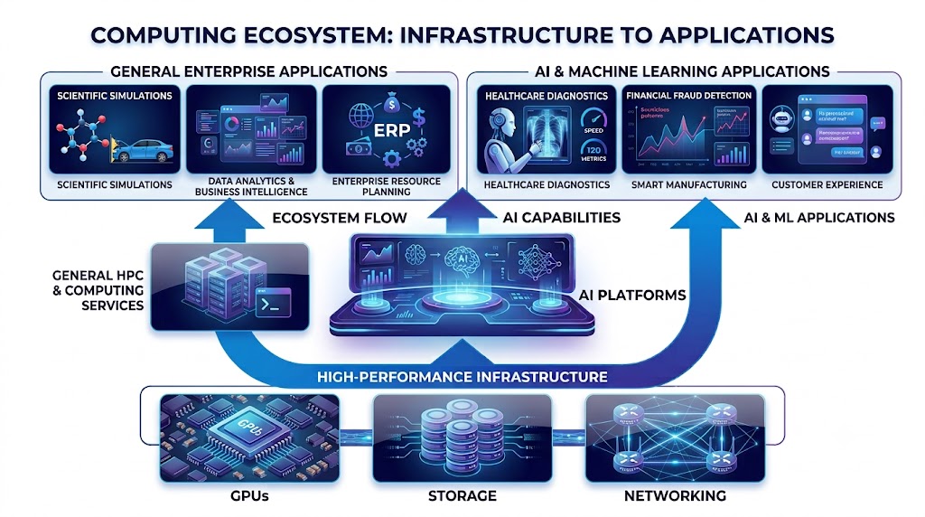 AI computing ecosystem connecting GPUs, storage, networking, AI platforms, and enterprise applications.
