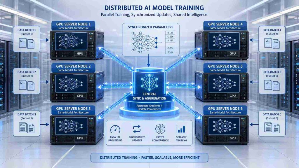 Data parallelism accelerates AI training by processing different data batches simultaneously