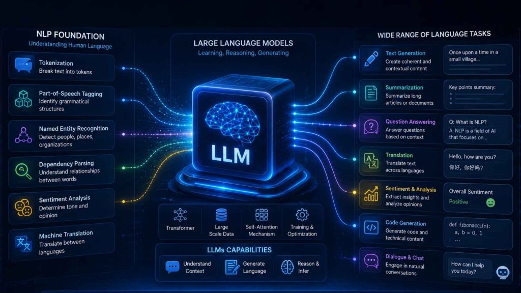 Large Language Models build upon Natural Language Processing to perform a wide range of language tasks 