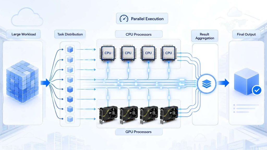Parallel computing distributes workloads across multiple processors before combining the results into a single output