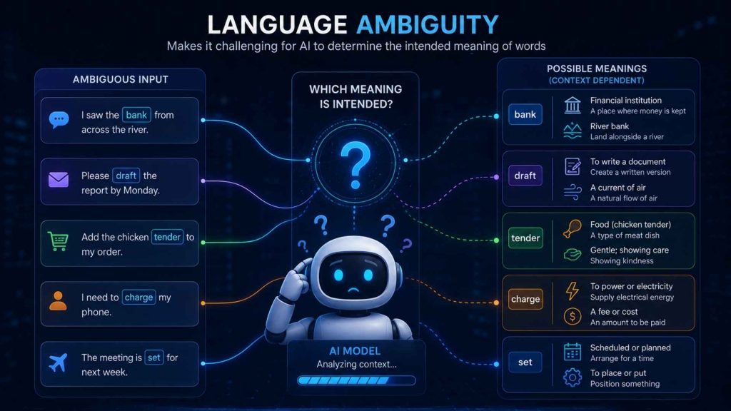 Language ambiguity makes it challenging for AI to determine the intended meaning of words 