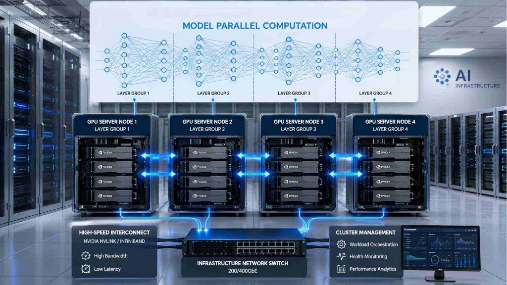 Model parallelism distributes large AI models across multiple GPUs for efficient training