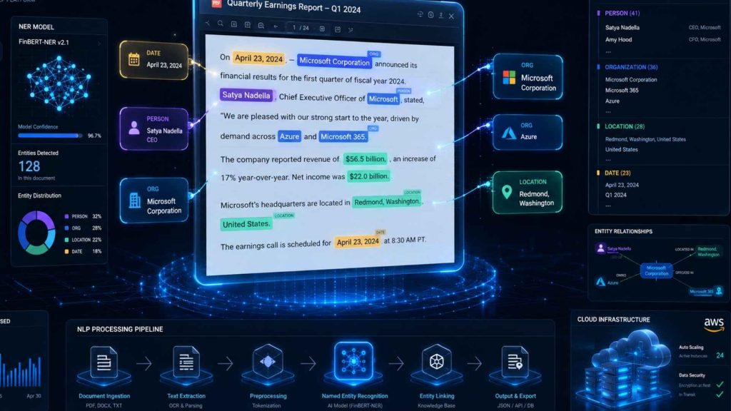 NER extracts key entities such as people, organizations, locations, and products from text 