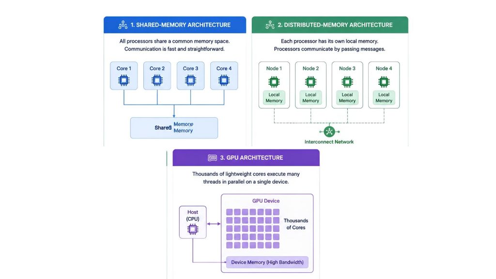 Different architectures enable parallel execution by coordinating CPUs, computing nodes, and GPU cores 