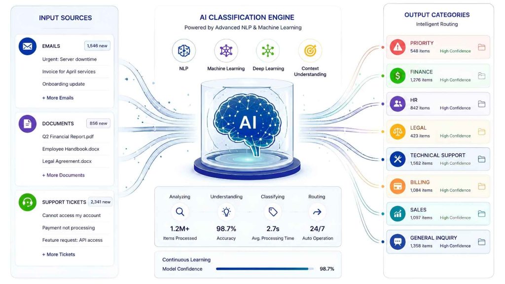 Text Classification automatically categorizes documents, emails, and messages based on content 