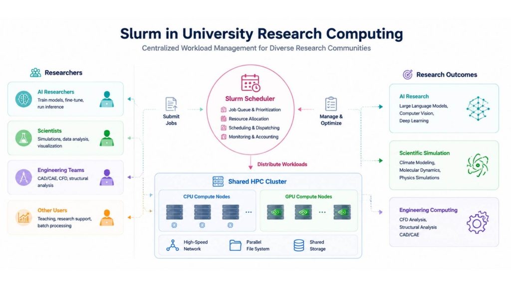 Slurm helps universities efficiently share HPC resources by managing research workloads across multiple users and computing projects 