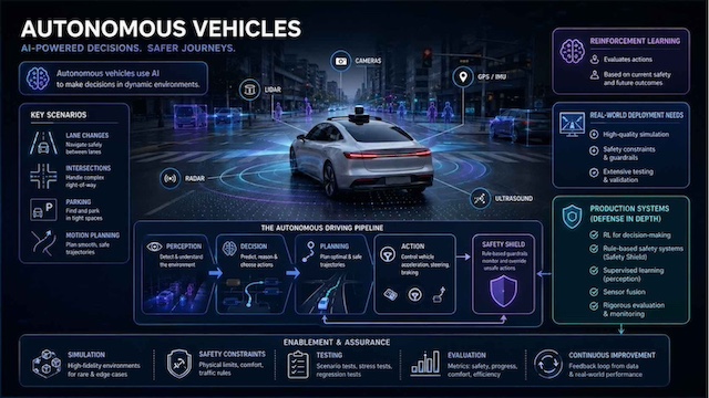 Reinforcement learning helps autonomous vehicles evaluate driving decisions in dynamic environments, supporting safer planning, and safety systems