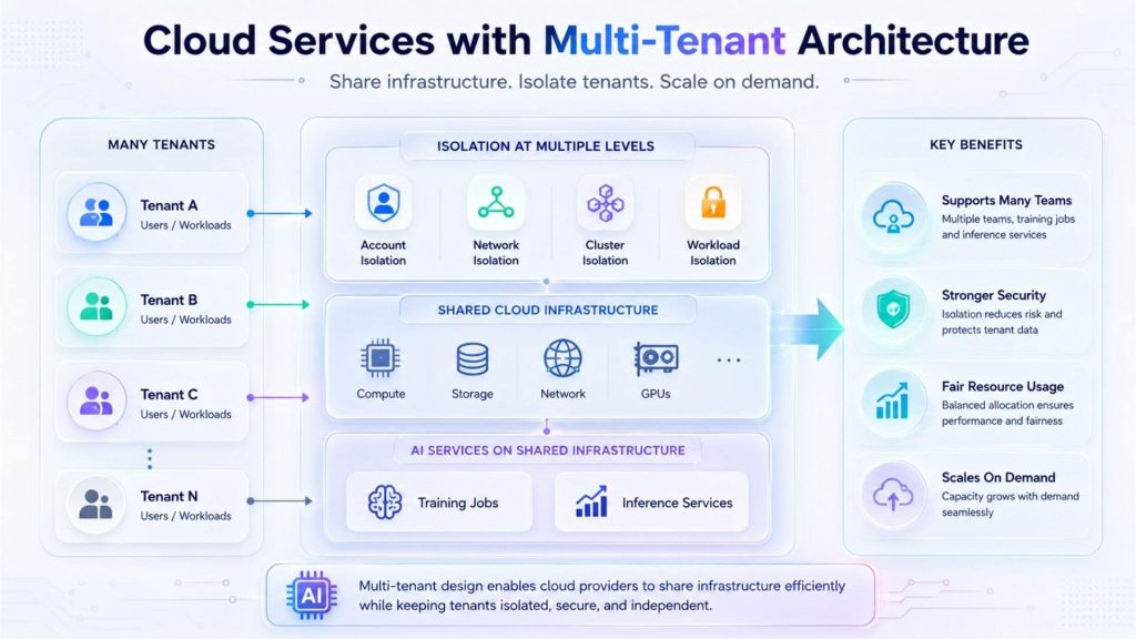 Multi-tenant cloud services share infrastructure efficiently while keeping tenants isolated, secure, and scalable