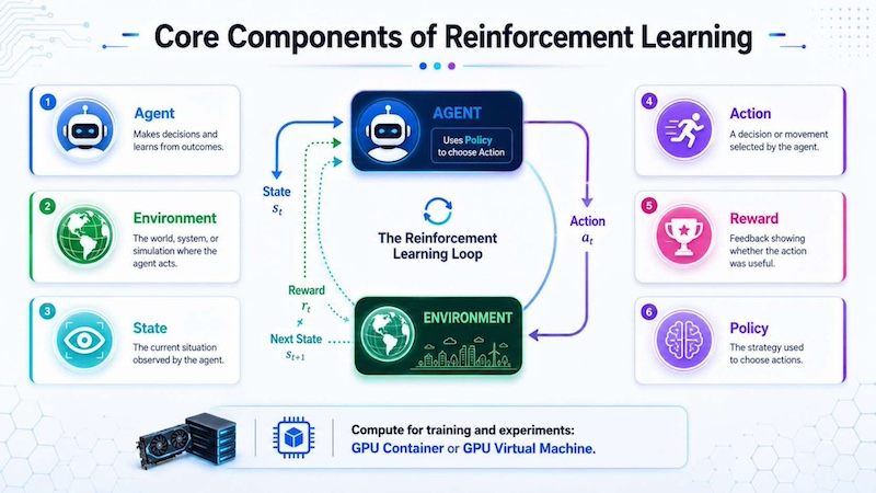 Reinforcement learning uses core components to help AI learn better decisions through repeated feedback