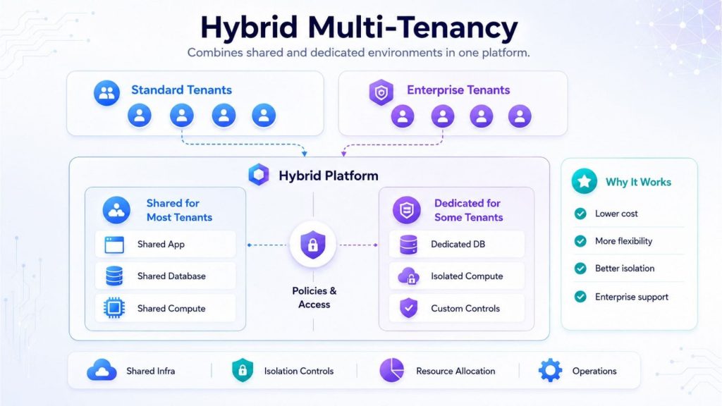 Hybrid multi-tenancy combines shared infrastructure for most tenants with dedicated resources