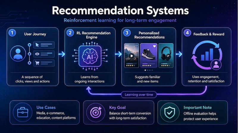 Reinforcement learning can improve recommendation systems by learning from user interactions, balancing short-term engagement with long-term satisfaction