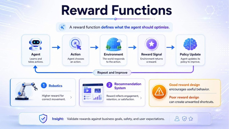 Reward functions guide what an AI agent should optimize, helping it learn useful behavior through feedback