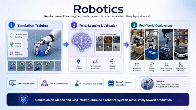 Reinforcement learning helps robots learn through simulation and feedback, enabling safer training, and more reliable performance in real-world automation tasks