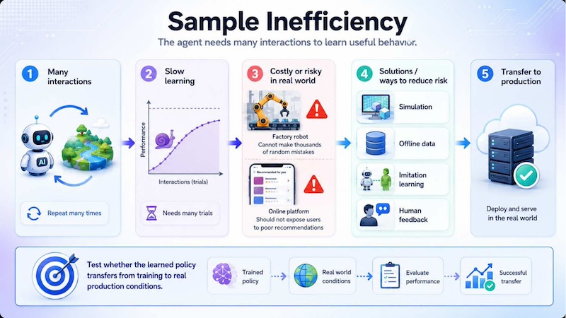 Sample inefficiency makes RL costly, so teams use simulation, offline data and human feedback before deployment