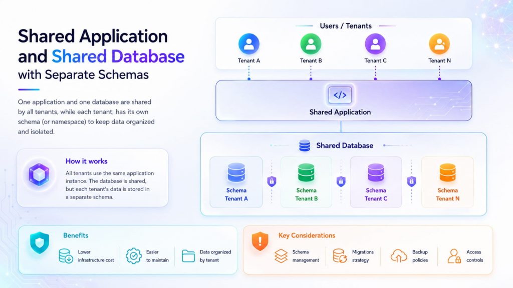 Shared application and shared database architecture reduces infrastructure cost while separating tenant data through individual schemas
