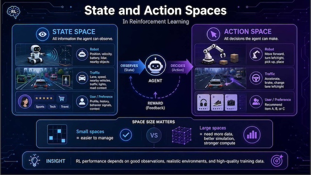 State and action spaces define what an RL agent can observe and decide, shaping how well it learns from feedback in complex environments