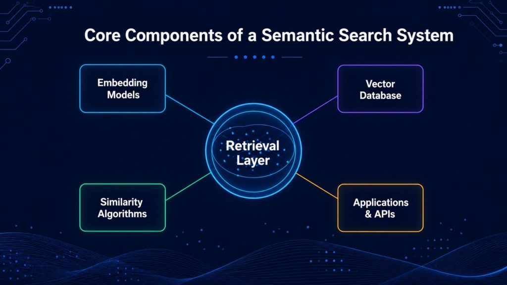 A vector database stores, indexes, and retrieves embeddings for semantic search at scale