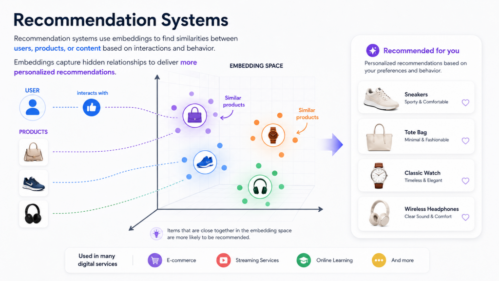 Embeddings help recommendation systems identify related products and personalized content
